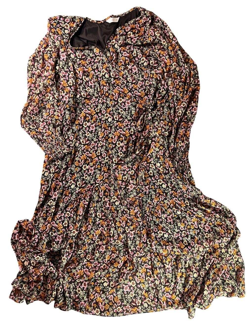 LC Lauren Conrad brown floral faux wrap ruffle detail dress XL